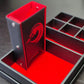 A black-and-red 3-in-1 dice tower, dice tray, and dice storage box with a dragon motif, perfect for tabletop gaming.