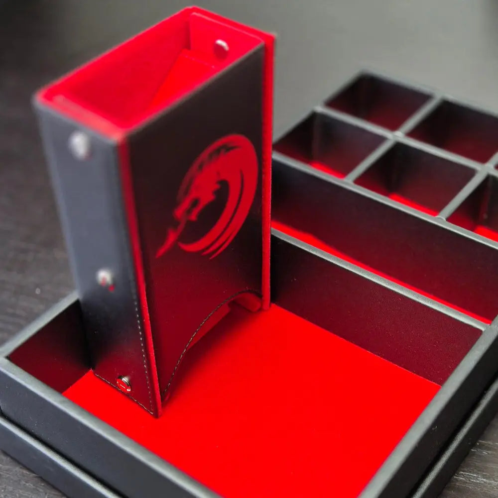 A black-and-red 3-in-1 dice tower, dice tray, and dice storage box with a dragon motif, perfect for tabletop gaming.