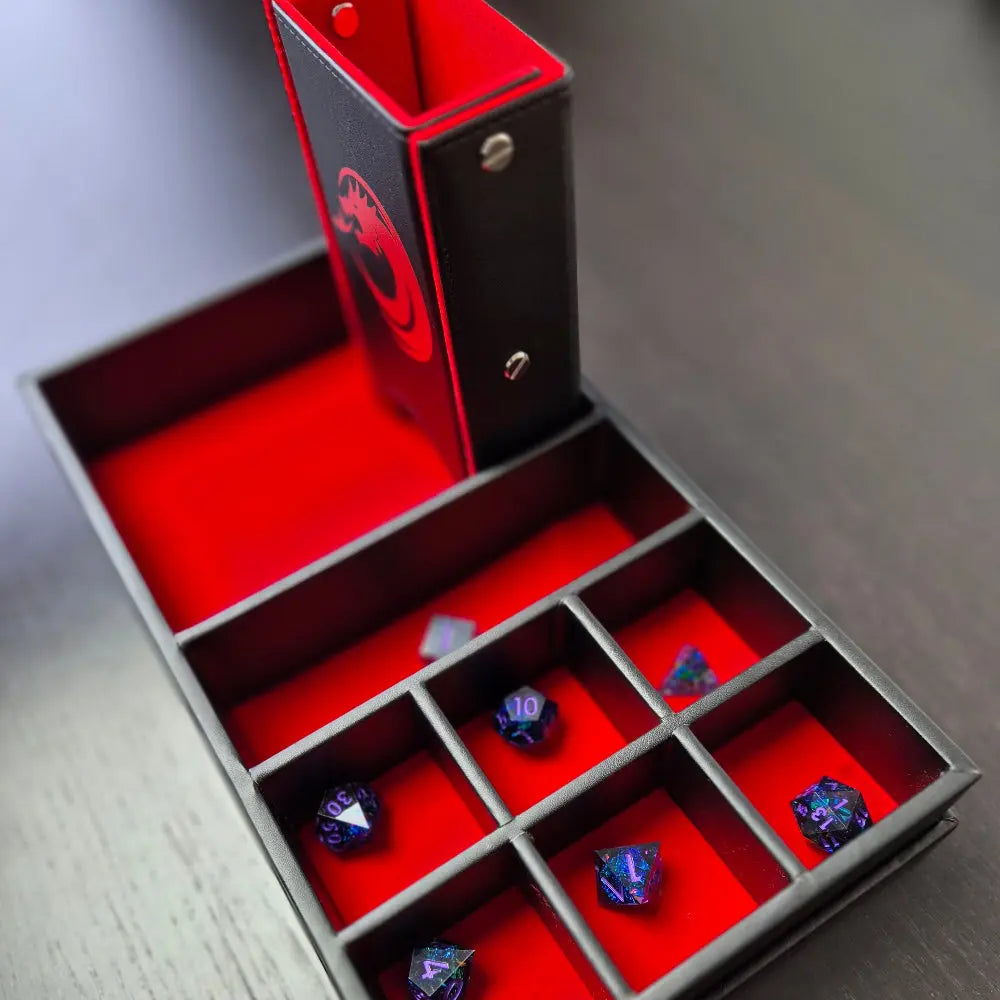 A black-and-red 3-in-1 dice tower, dice tray, and dice storage box with a dragon motif, perfect for tabletop gaming.
