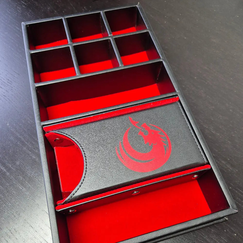 A black-and-red 3-in-1 dice tower, dice tray, and dice storage box with a dragon motif, perfect for tabletop gaming.
