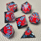 A set of clear sharp-edge resin dice with black ground color and red rose inside.