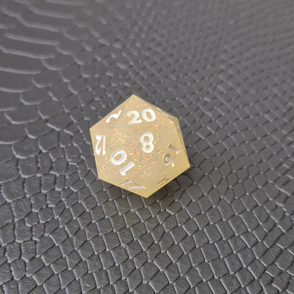 Beige sharp-edge resin dice set with glitters and white numbers