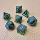 A set of clear green tinted liquid core dice with a moving eyeball inside