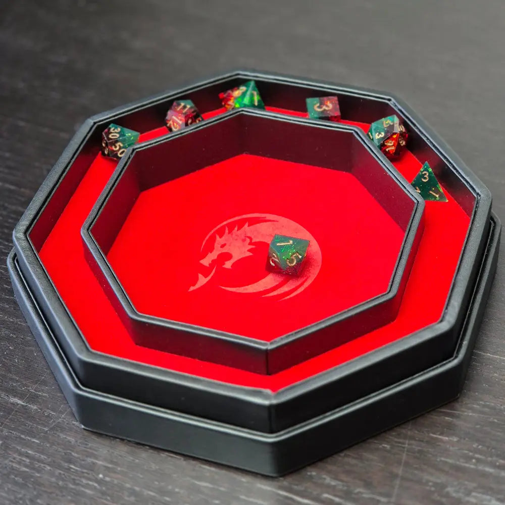 Octagonal red dice tray with dragon emblem and black leather edge, shown open.