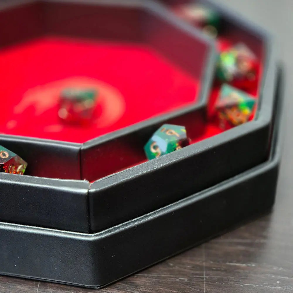 Octagonal red dice tray with dragon emblem and black leather edge