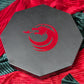Octagonal red dice tray with dragon emblem and black leather edge