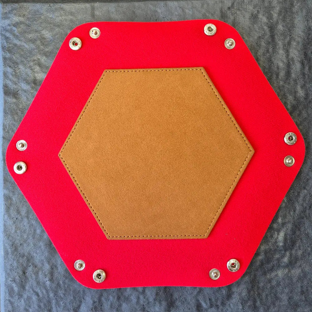 Foldable hexagon-shaped dice trays in red & brown