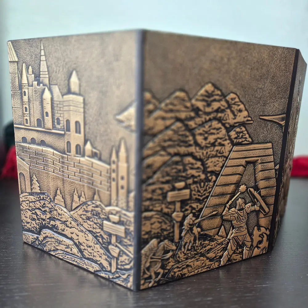 Foldable four-panel Dungeon Master screen with embossed fantasy scenes and included felt sleeve, displayed on a dark tabletop.